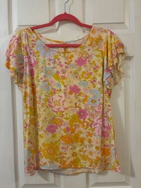 Floral Flutter-Sleeve Blouse in Yellow and Pink